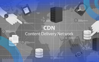 Illustration of how a CDN works — a map of the glob with illustrations of servers placed in strategic locations. Hands are gesturing to different points.