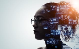 A woman’s head is overlaid with images of charts and screens