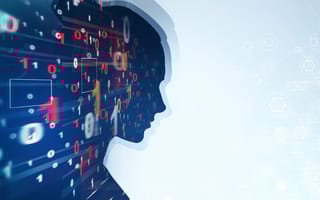 The silhouette of a woman’s head overlaid by numbers and graphics representing the technology sector.