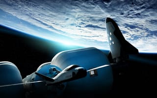 A spacecraft flies near Earth.