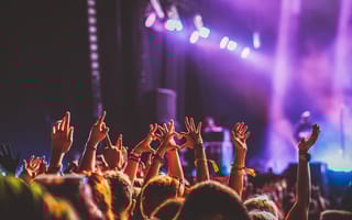 A crowd of concert-goers with their hands waving in the air