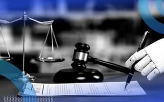 A robotic hand signs a document in front of a gavel and scales