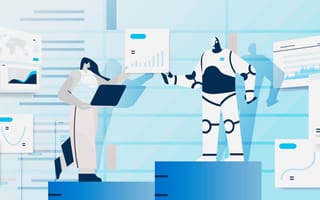 An illustration of a woman and a robot both holding a document, with other documents around them, as if they are collaborating on a project.