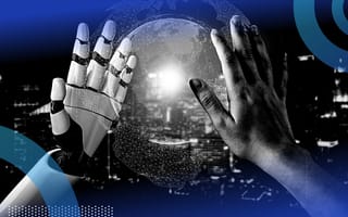 A human and a robot hand reach toward a 3D globe