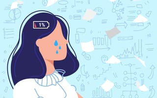 An illustration of an employee experiencing burnout, evidenced by a low battery icon positioned in front of her head.