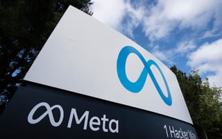 A photo of the Meta company sign at its California headquarters.