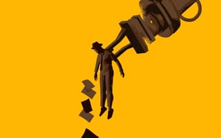 Robot arm picking up man in top hat.