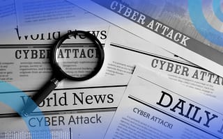 Newspapers with headlines about cyber attacks and a magnifying glass.
