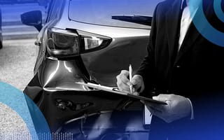 A man signing a paper on a clipboard in front of a rear-ended car.