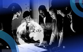 A group of business people around a holographic globe.