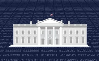 A 2-dimensional illustration of the White House, with binary code behind it against a navy blue background.