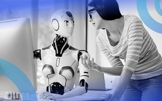 Worker trying to correct an AI robot working on computer