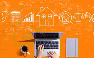 Icons related to the real estate and mortgage industries hover above a laptop.