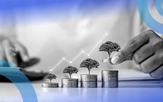 A hand stacking four piles of coins that get progressively taller with trees on top that grow as well.