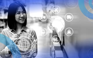 A woman smiling at a hologram of various modes of transportation.