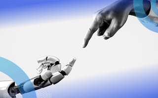 A robotic hand and human hand reaching toward one another as though to touch index fingers together.