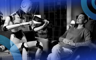 A robot playing a violin for a smiling person.