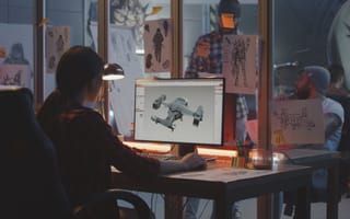 A woman sits at a desk looking at a desktop computer monitor with a digital model on it.