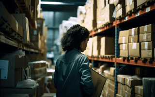 A person stands in a dimly-lit warehouse surrounded by boxes.
