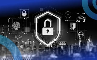 Holographic images representing security, like locks, fingerprints and the internet symbol.