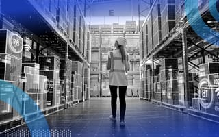 A woman walking through a warehouse with technological holograms over the product.