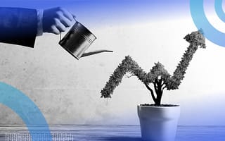 The hand of a business woman watering a plant in the shape of an upward arrow.