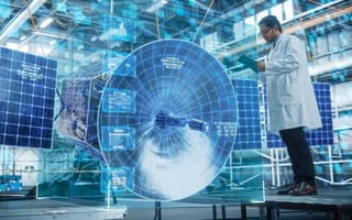A man in a white lab coat in front of a screen with graphs and renderings on it