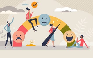 Characters interacting with a multi-colored progress bar that transitions from a frowning red zone to a smiling green zone.