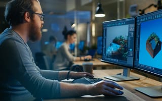 A game developer sits at a desk in front of two computer monitors working on a virtual model.