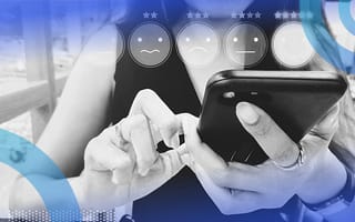 3 Steps to Use Machine Learning for User-Centric Applications A closeup on a person using a smartphone with an overlay of a rating system