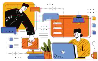 An illustration depicting a virtual meeting between two individuals, where a man in a suit appears on a floating screen interacting with a woman working on a laptop.