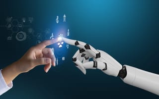 A human finger touches the finger of a robot against a backdrop of equations.