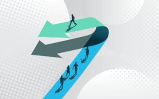 An abstract illustration featuring silhouetted figures walking along a dual-colored, diverging