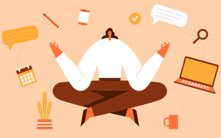 Professional woman meditating surrounded by objecting symbolizing distractions