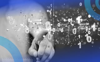 Person pointing at floating binary numbers.