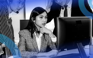 Three executives looking sternly at a video screen.