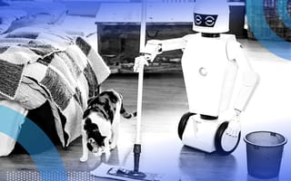 A robot on wheels mopping the floor with a calico cat observing.