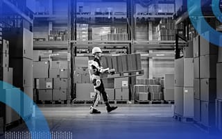 A man in a warehouse wearing a hardhat and robotic gear, which is helping him carry boxes.