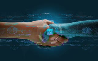 An illustration of a human hand shaking a virtual hand with the text "AI" and other digital symbols hovering over the joined hands.