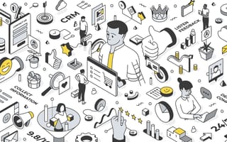 A collage of icons and characters demonstrating various aspects of the customer success management process.