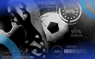 A close up on a soccer player dribbling a ball with a statistical overlay