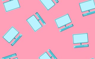 blue computers scattered across a pink background