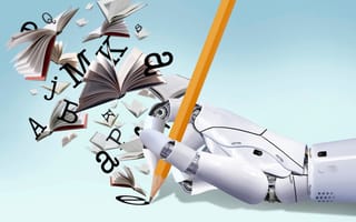 A robot hand holding a pencil as if it is writing, with various books and letters flying off the surface it is writing upon.