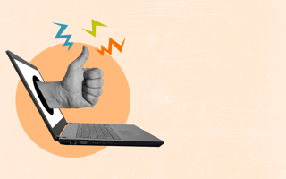 hand sticking out of a laptop screen making a thumbs up