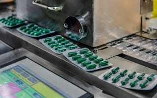 A photograph of green medicine capsules packaged in wrapping, running through a conveyor belt.