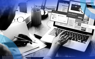 An over-the-shoulder shot of a woman typing on a laptop with job search engines popping off the screen.