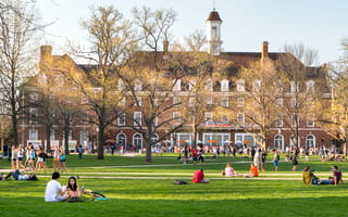 University of Illinois at Urbana-Champaign quad facing the student union. College students splayed out on the lawn.