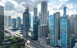 Chicago skyline aerial drone view from above, lake Michigan and city of Chicago downtown skyscrapers cityscape, Illinois, USA