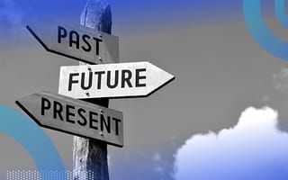 A wooden post with signs pointing to the past, future and present.