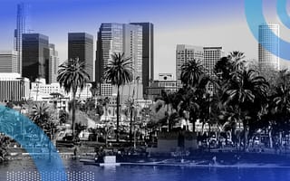 Downtown Los Angeles: a lake with ducks, palm trees and tall buildings.